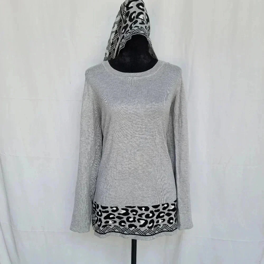 NWT Croft & Barrow Woman Sweater Gray Black Attached Scarf M Lightweight Knit - Picture 12 of 12
